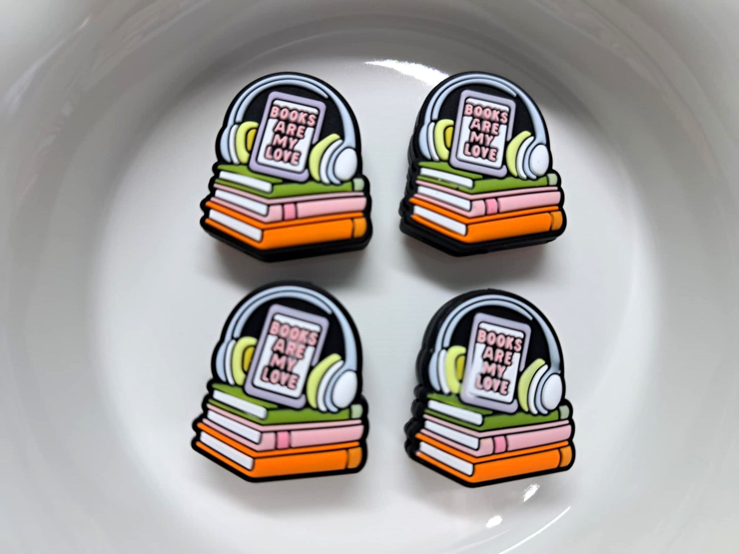 Books Are My Love: Stack of Books with E-reader & Headphones Silicone Focal Bead