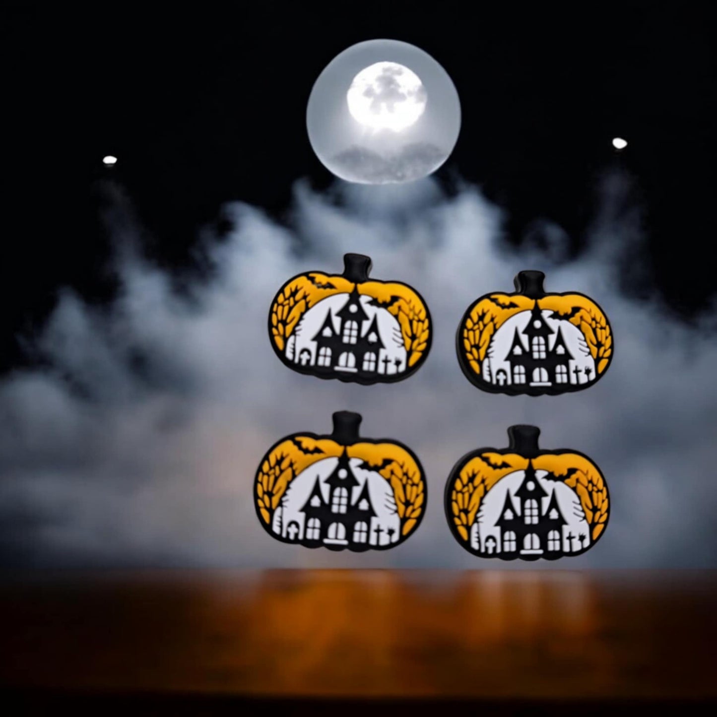 Pumpkin: Orange with Haunted House and Trees Silicone Focal Bead