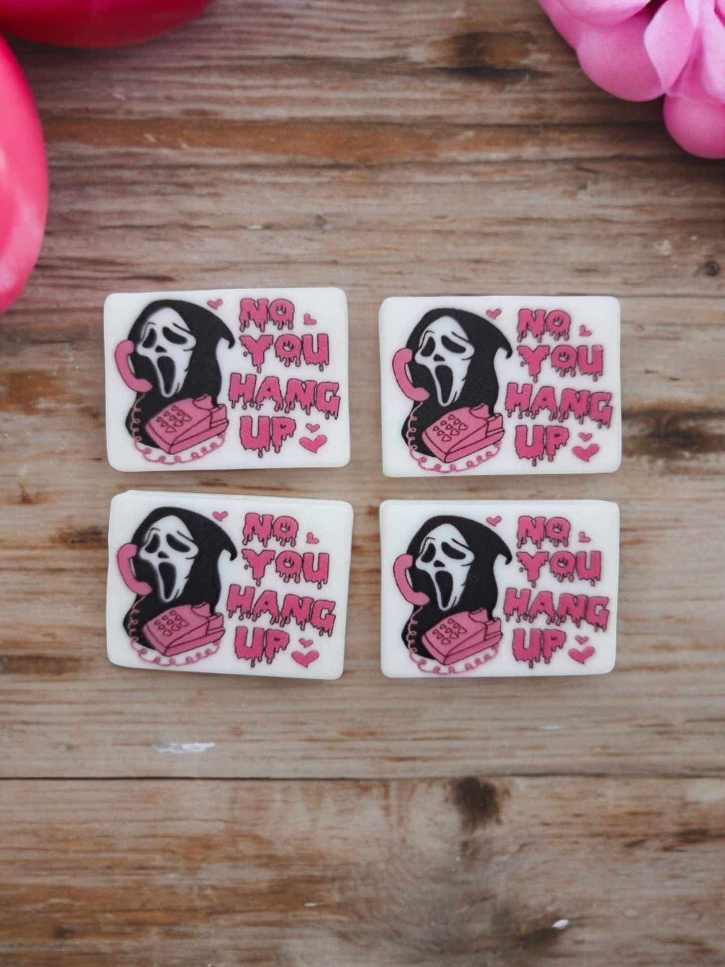 Ghostface on Phone: No You Hang Up in Pink Print rectangle Silicone Focal Bead - 0972