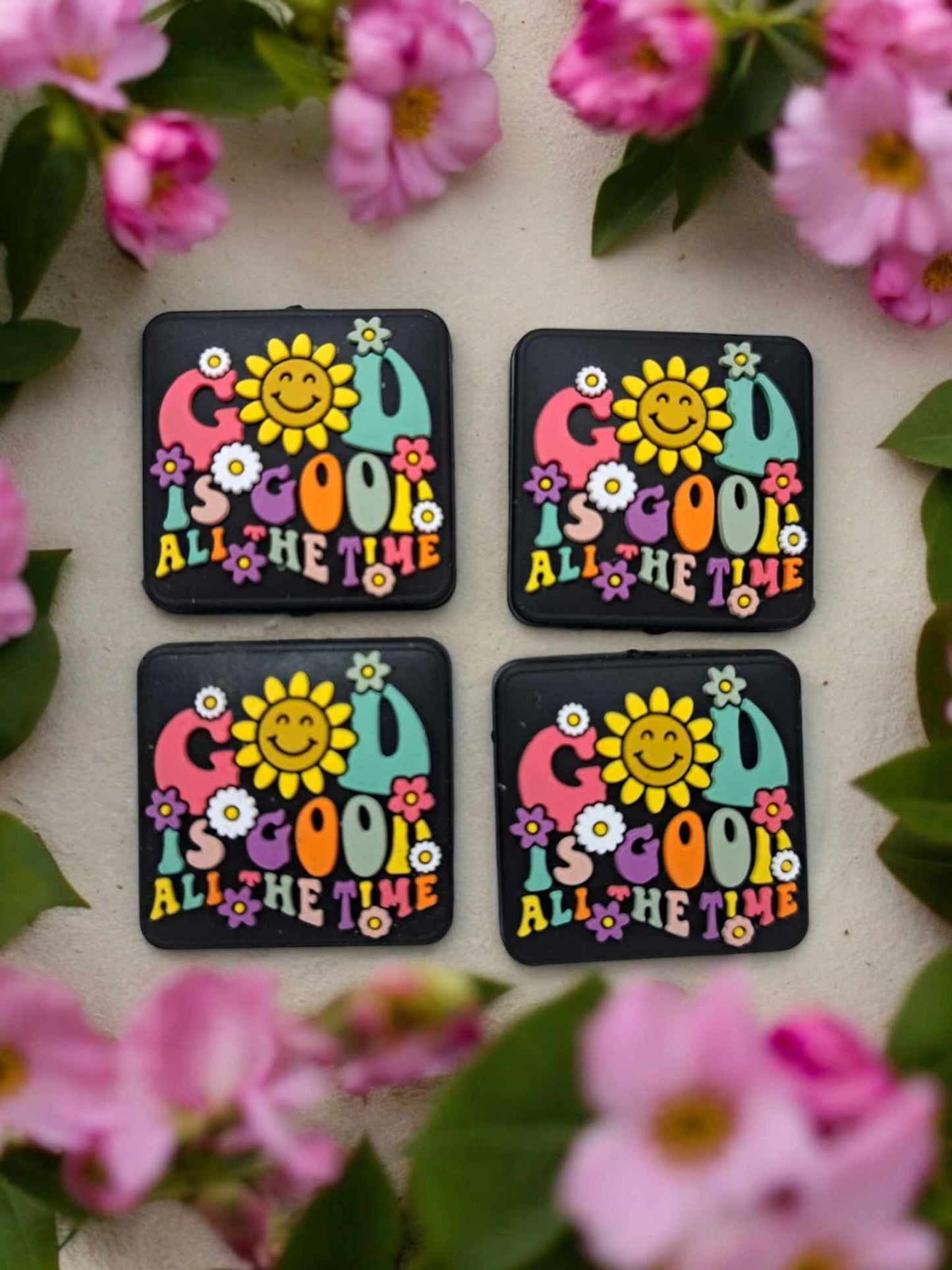 God is Good all the Time with Flowers - Black Square Silicone Focal Bead - 0885