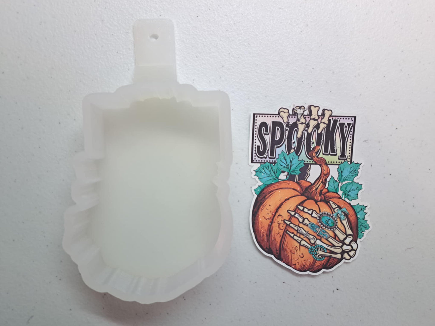 Spooky Sign Pumpkin with Turquoise Rings Skellie Hand Halloween Cardstock Silicone Mold, Aroma Bead Molds, Premium Cardstock Images