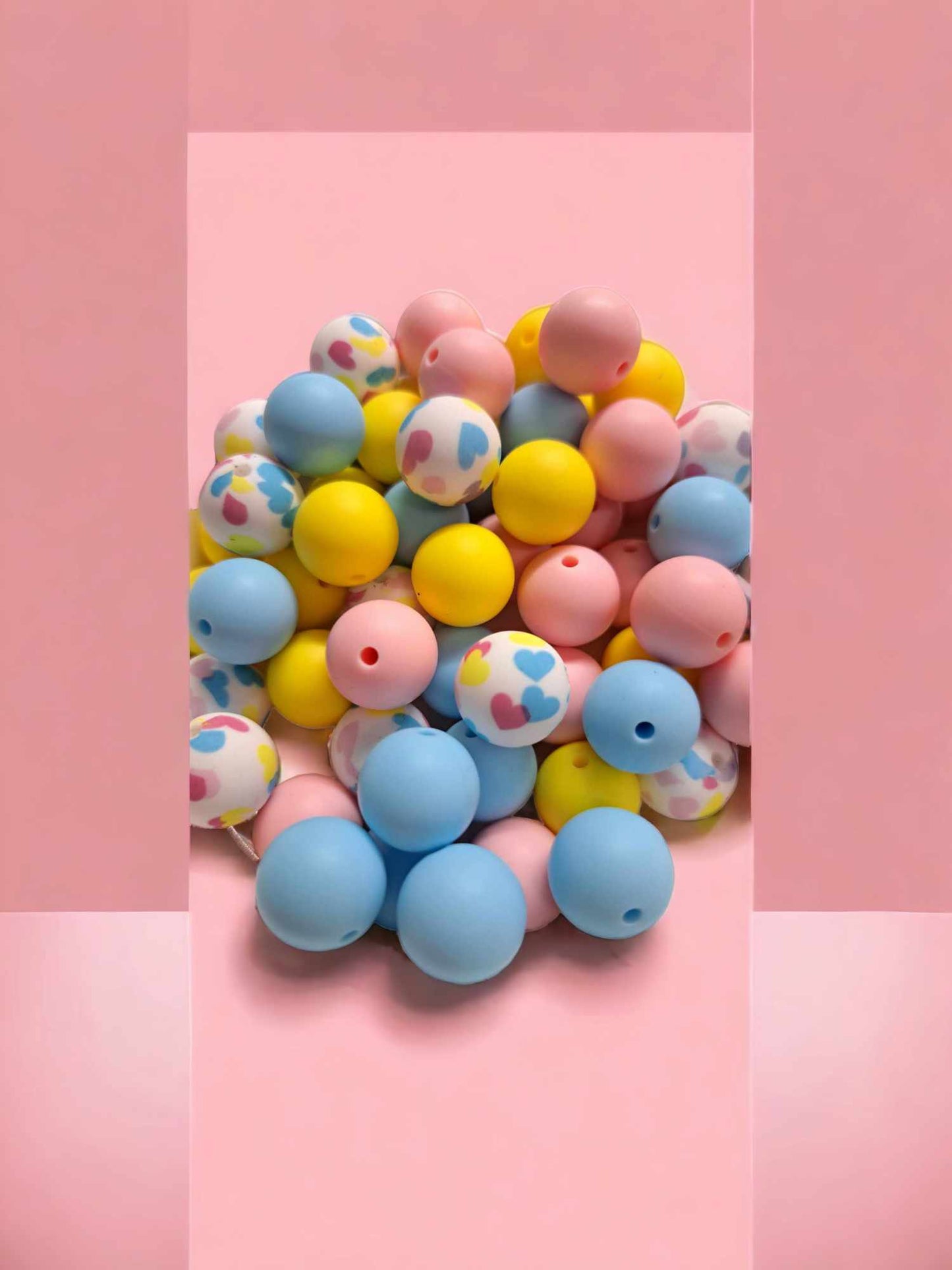 Pastel: Pink, Blue, Yellow, and Heart Print Mix (4 Piece Mix) - 15mm Silicone Bubblegum Beads - 1050