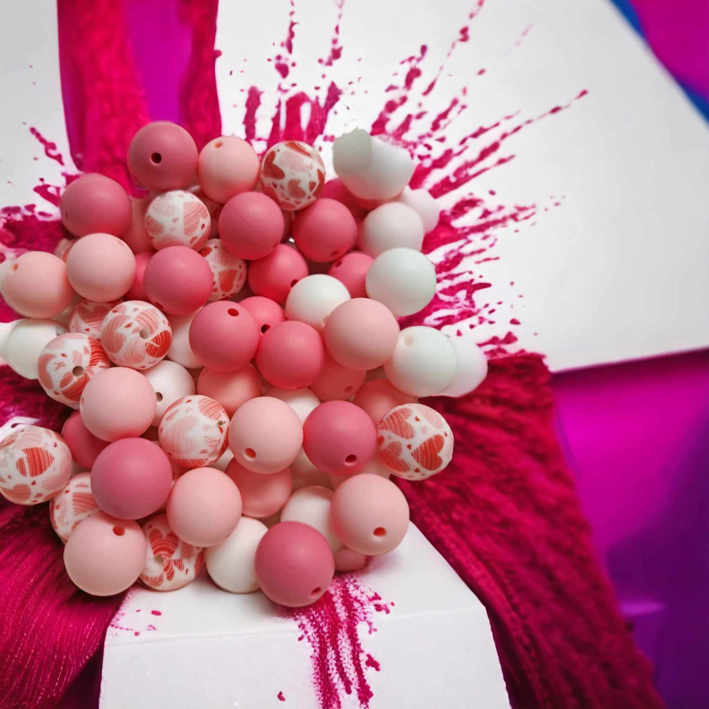 Pink, White and Heart Print Mix (4 Piece Mix) - 15mm Silicone Bubblegum Beads - 1049