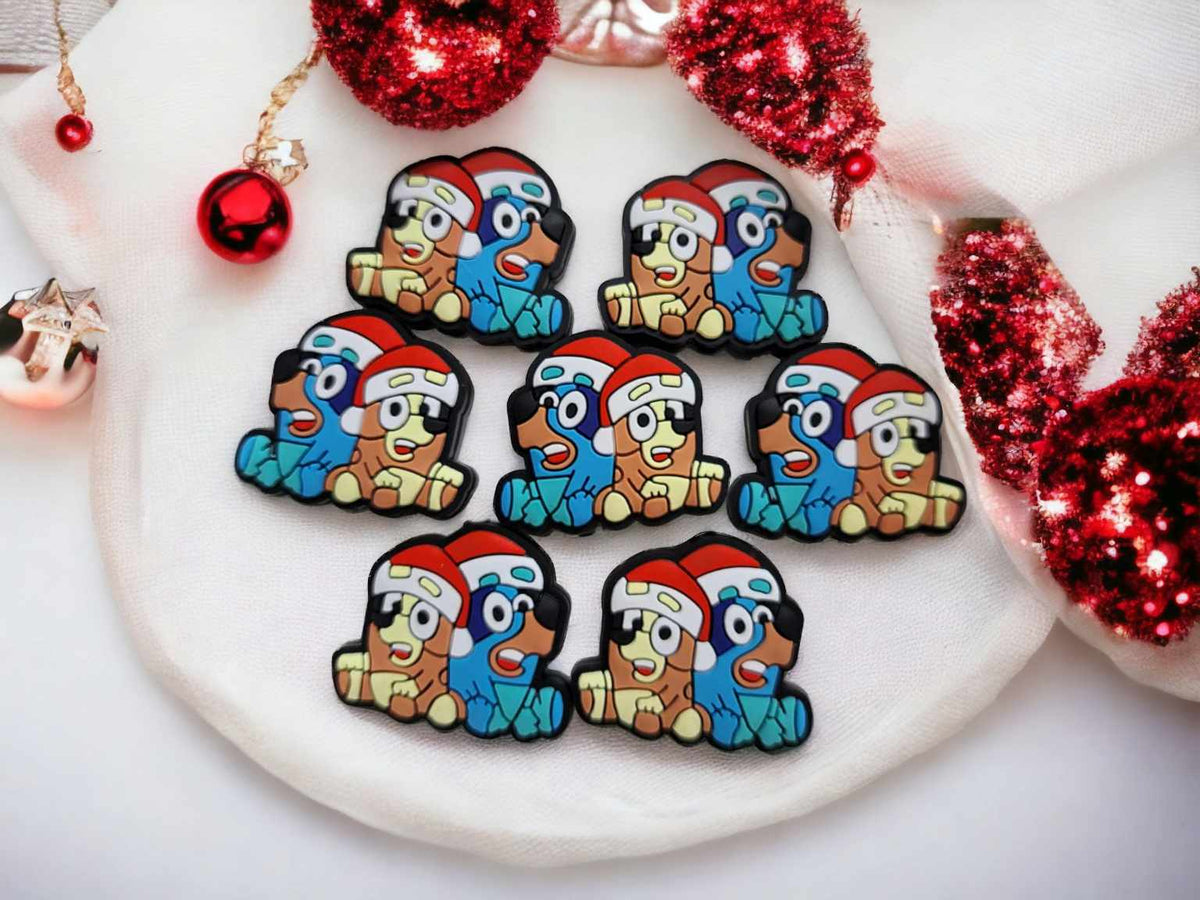 Christmas Bluey and Bingo Together with Santa Hats Full Body: Bluey Inspired Silicone Focal Bead - 0402