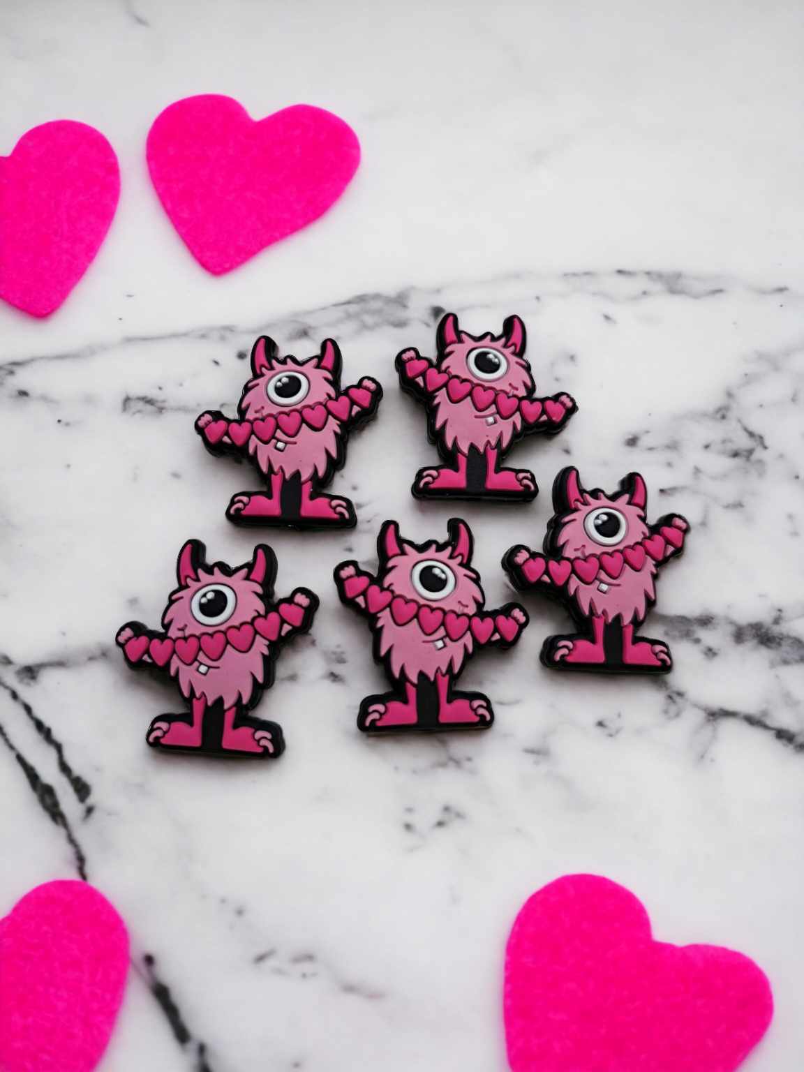 Pink Monster with Heart Banner Silicone Focal Bead - 0569