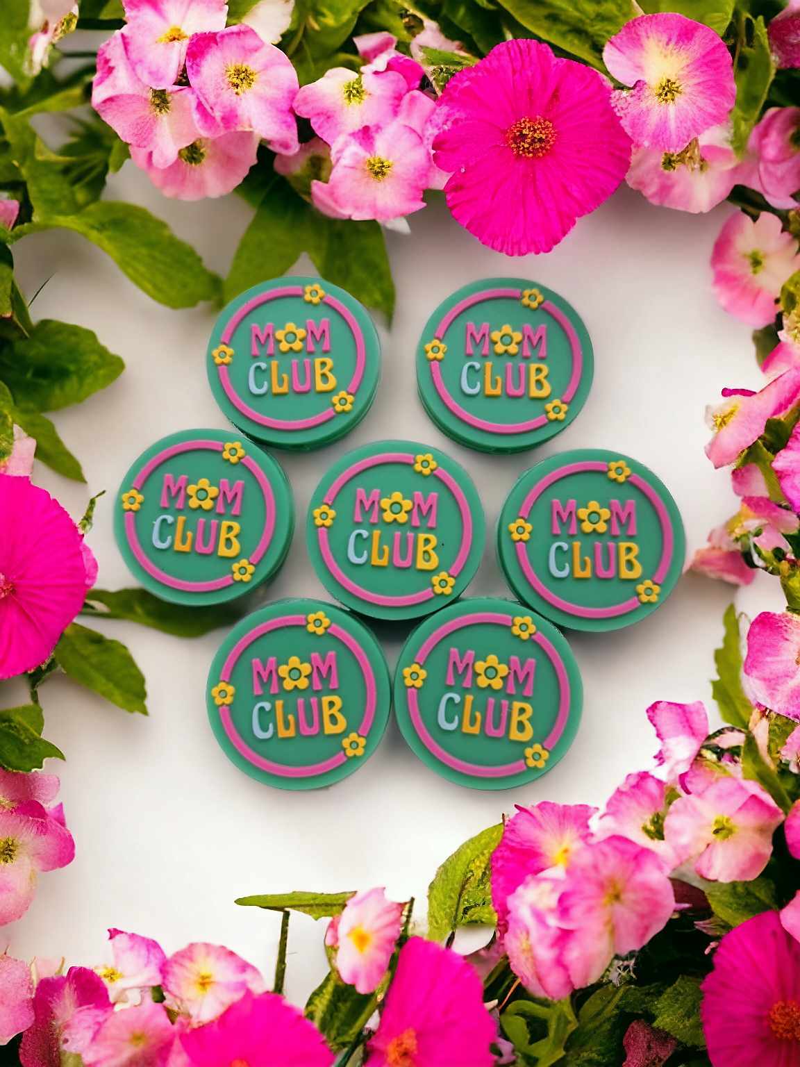 Mom Club Round with Flowers Silicone Focal Bead - 0648