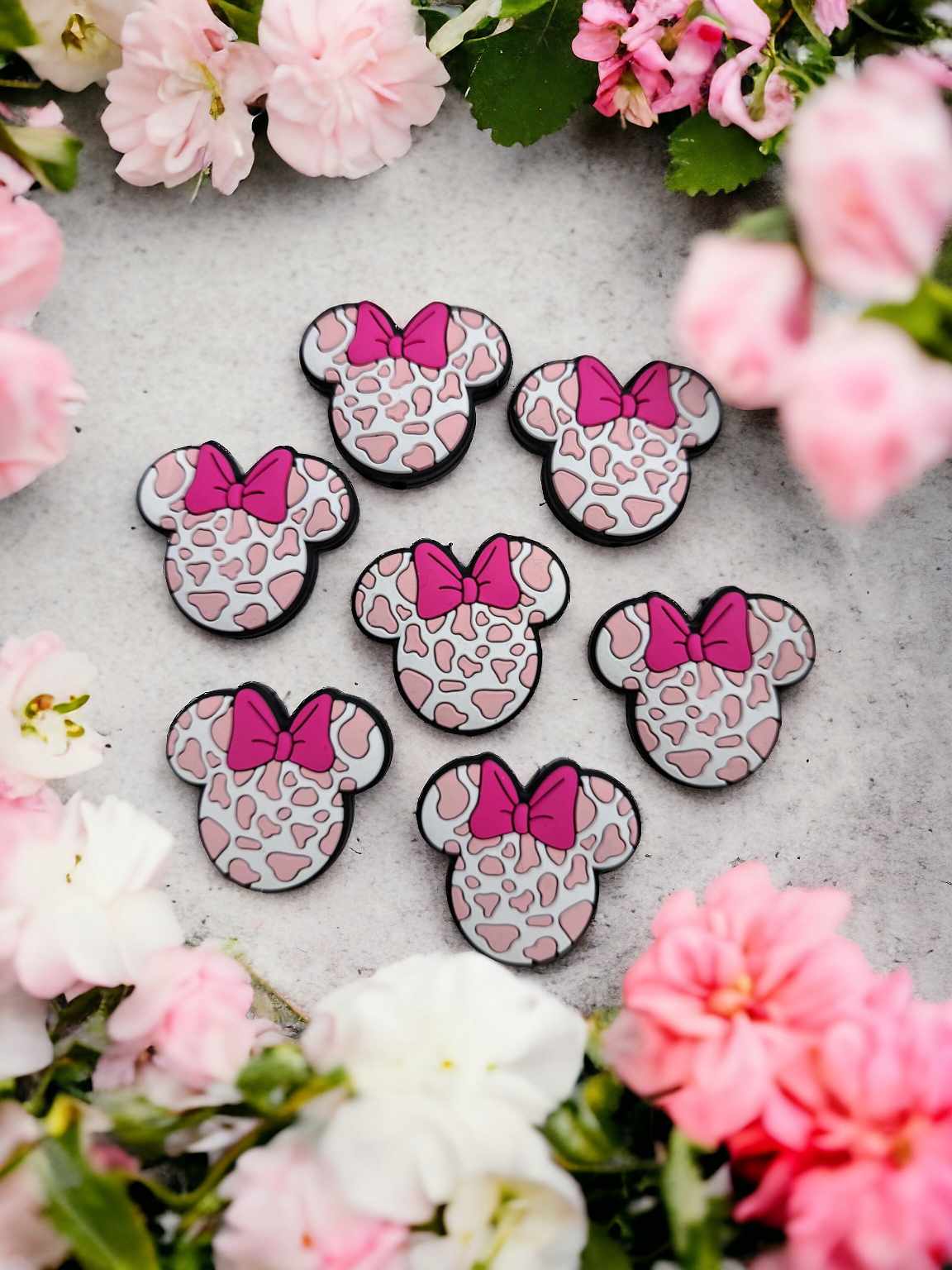 Minnie Head Pink Cow Print with Pink Bow Silicone Focal Bead - 0701
