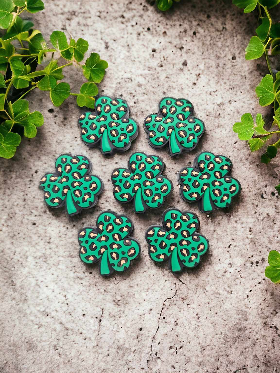 Green Shamrock Clover with Leopard Print Silicone Focal Bead - 0735