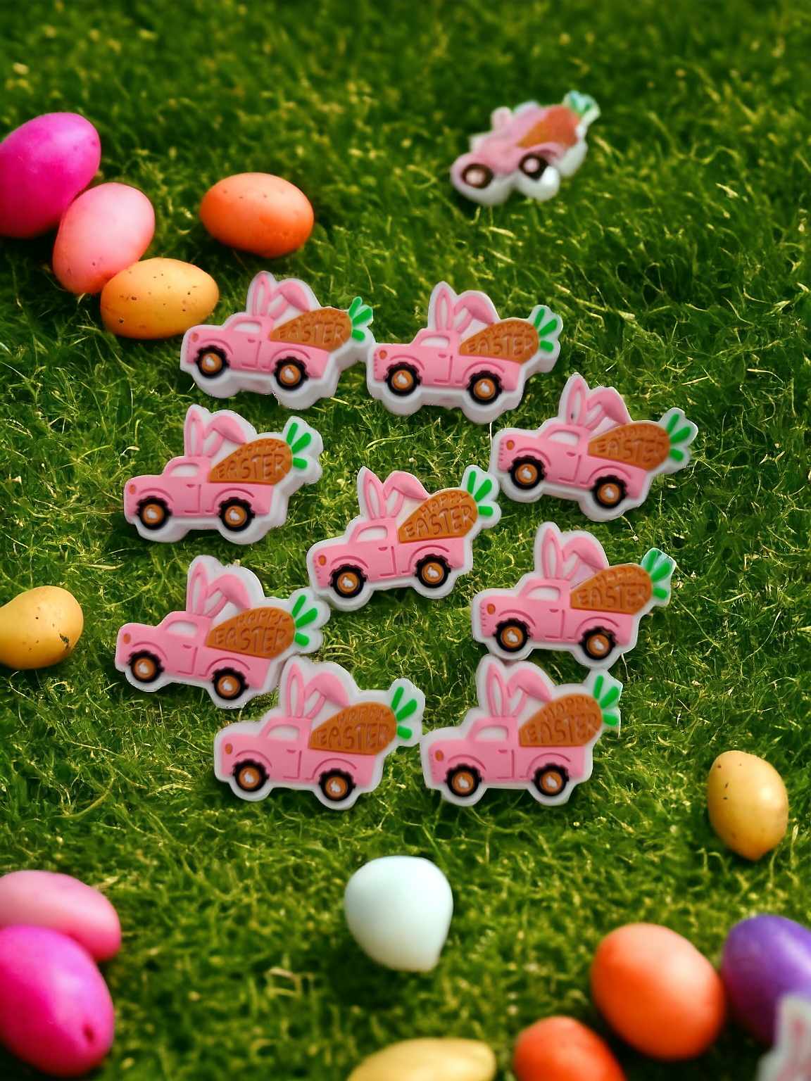 Happy Easter: Pink Truck with Carrot in Back Silicone Focal Bead - 0671