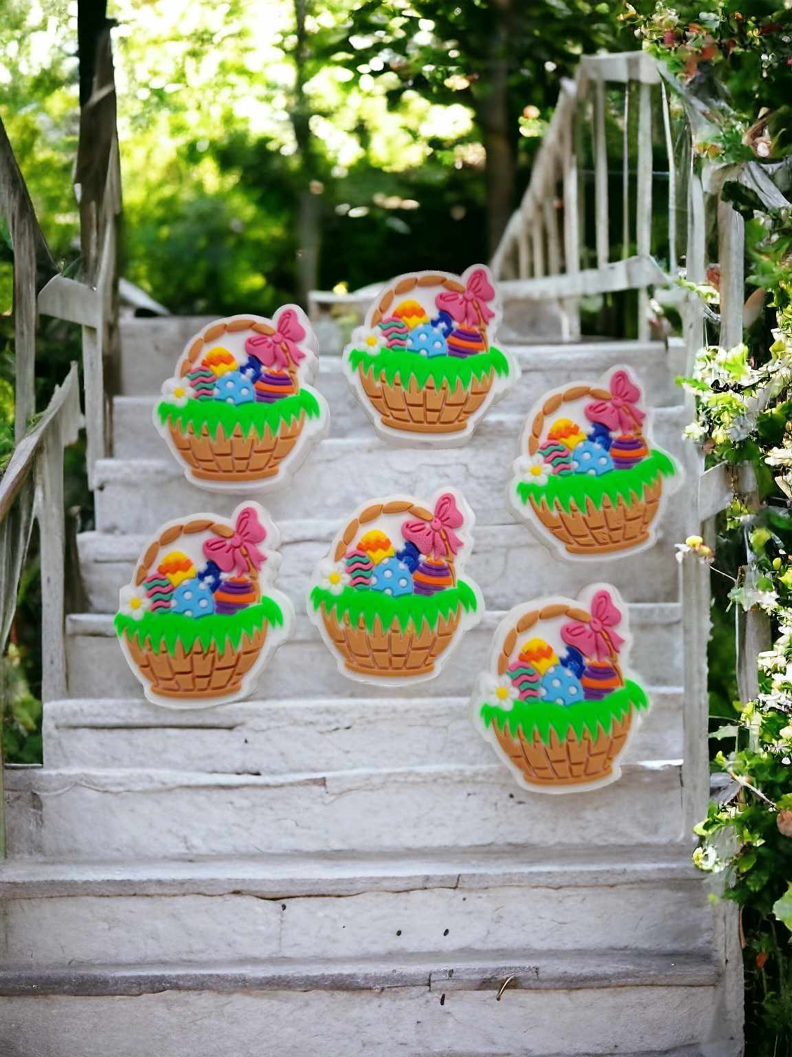 Easter Basket: Brown with Egg, Grass and Pink Bow on White Silicone Focal Bead - 0748