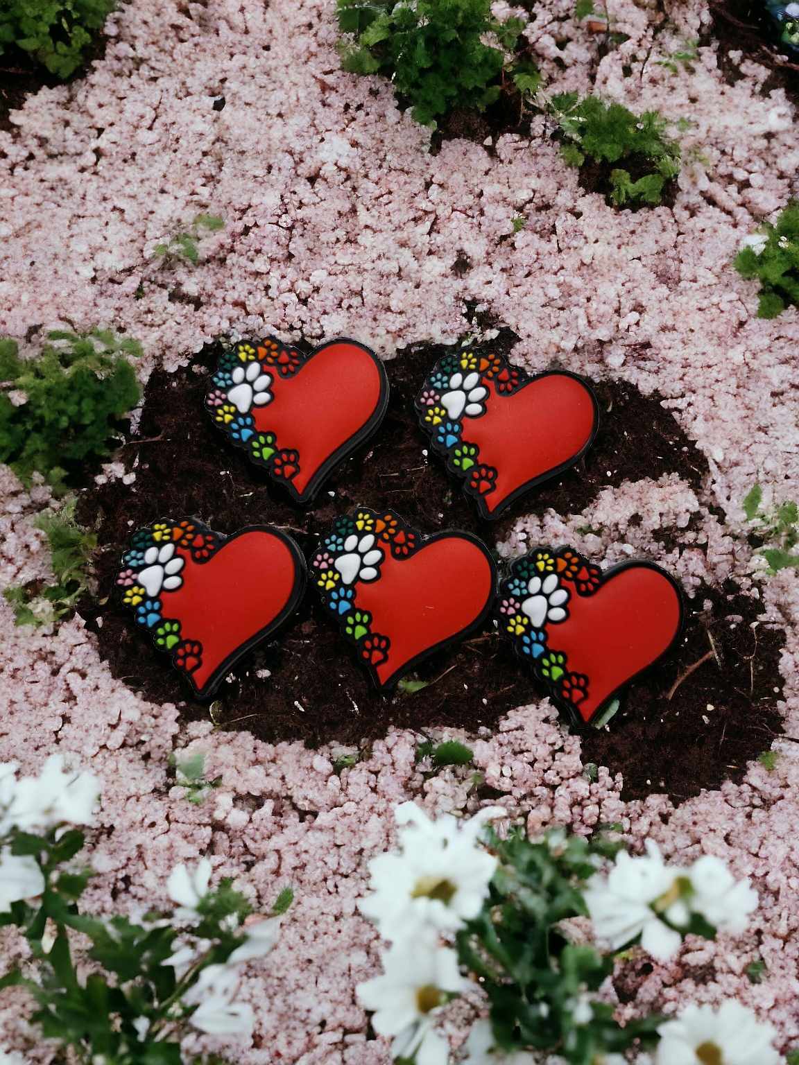 Red Heart with Rainbow Paw Print Silicone Focal Bead - 0785