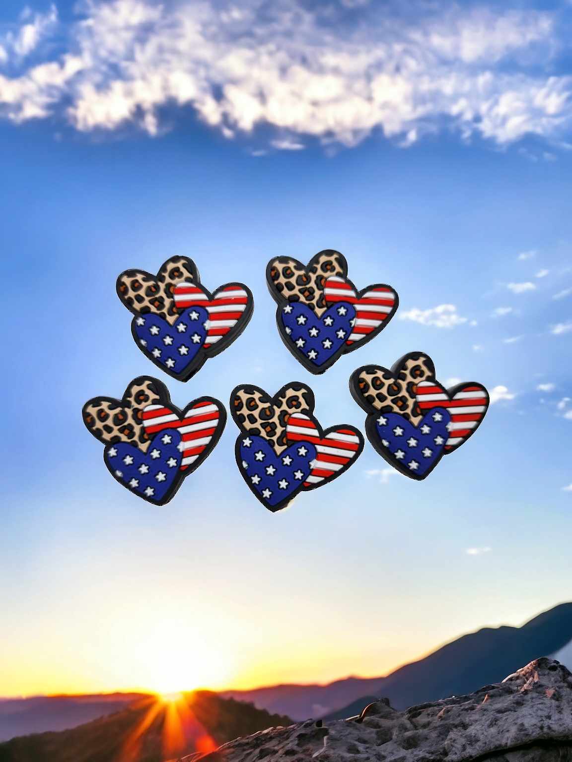 USA Three Hearts: Red/White Striped, Blue with White Stars, and Leopard Pattern Silicone Focal Bead - 0782