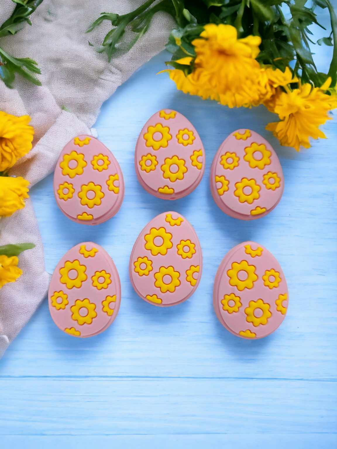 Pink Easter Egg with Yellow Flowers Silicone Focal Bead - 0842