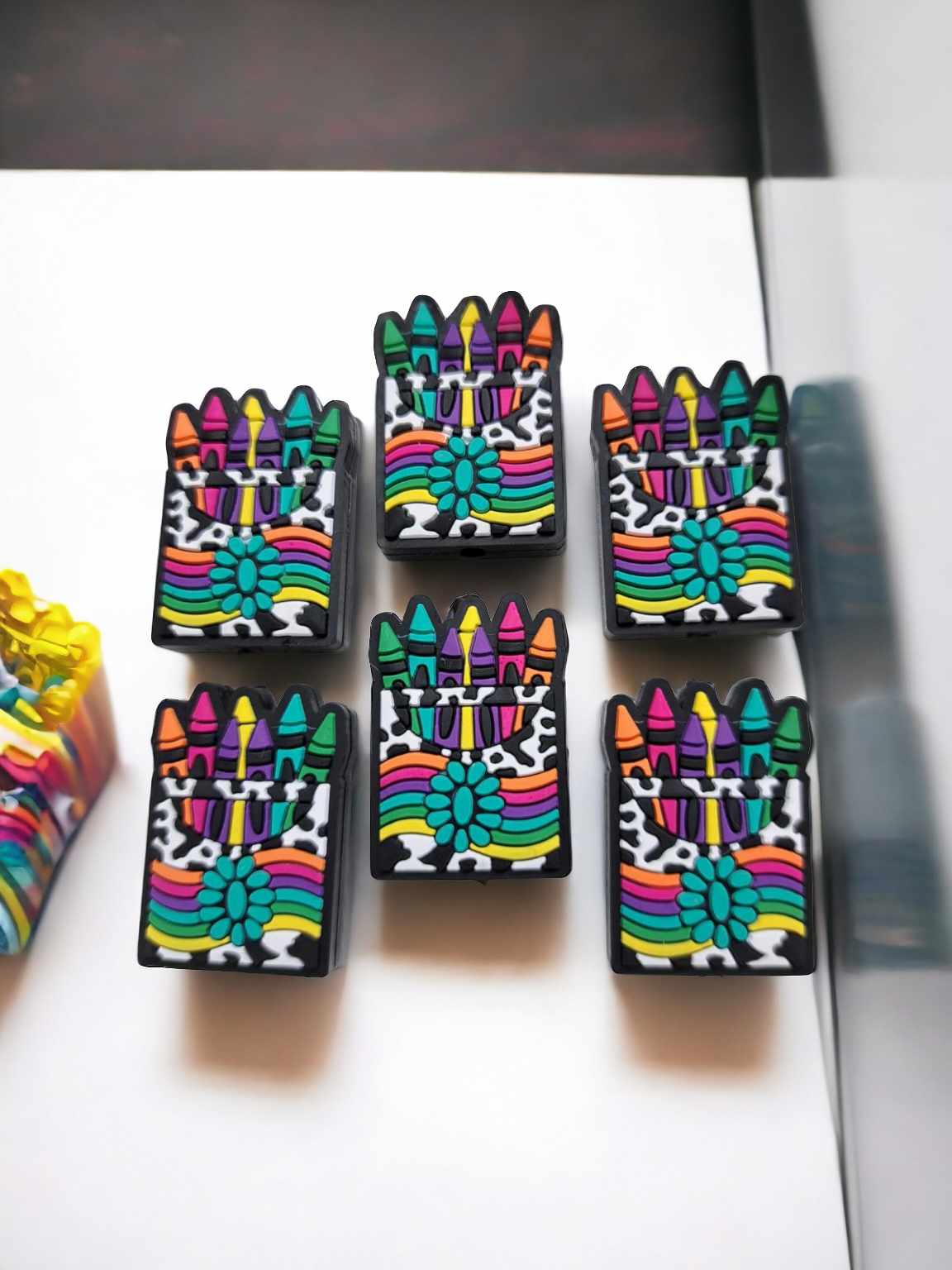 Crayon Box: Cow Print with Turquoise Gem Silicone Focal Bead - 0831