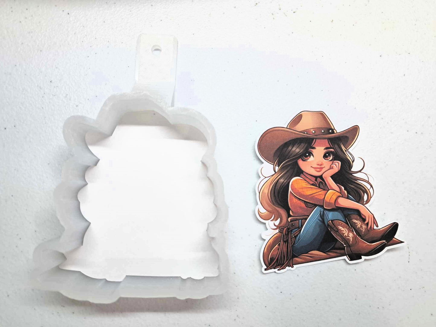 Brunette Cowgirl Sitting Cardstock Silicone Mold, Aroma Bead Molds, Premium Cardstock Images