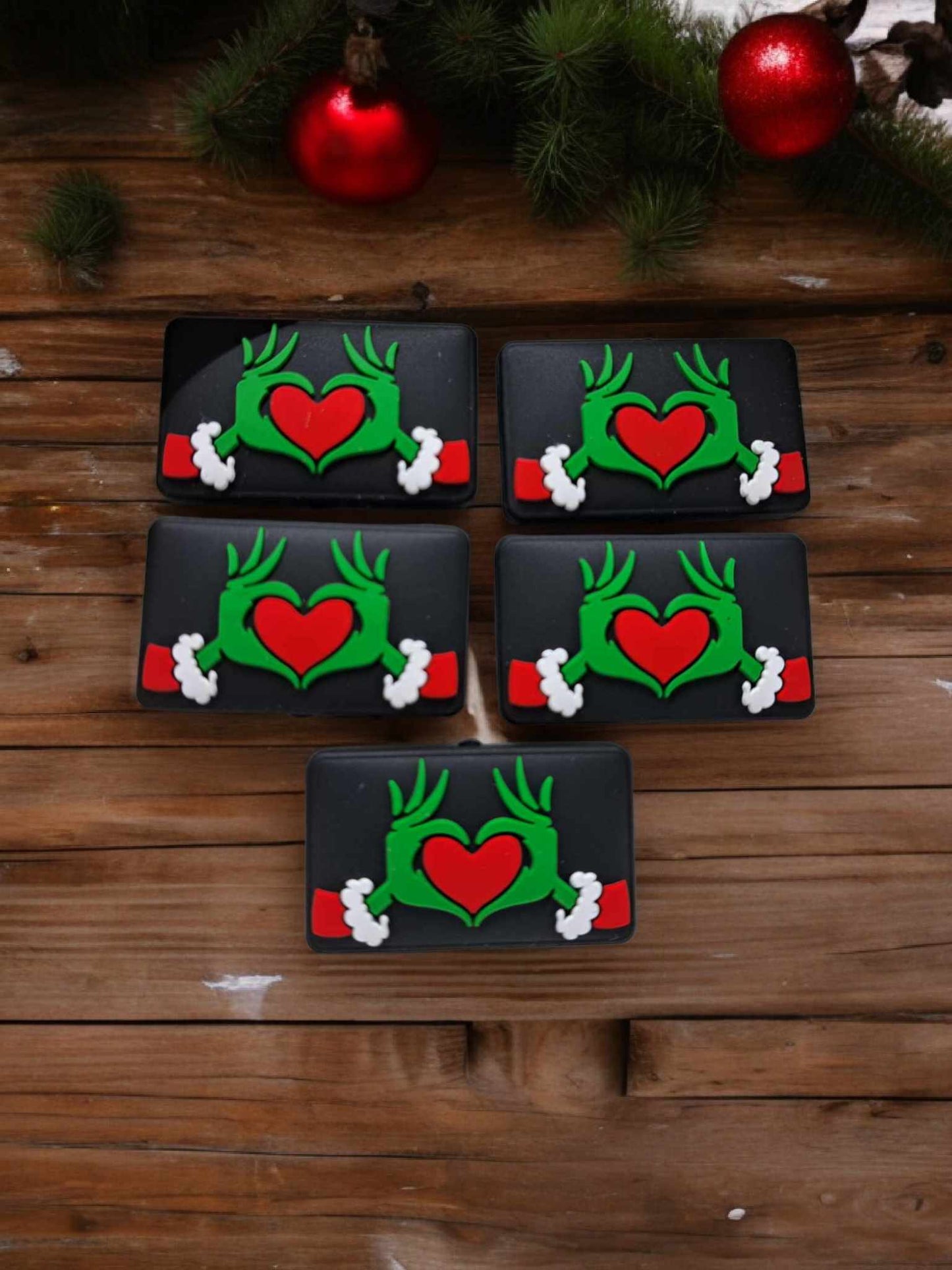Grinch/Mean One Hands Making Red Heart in Center in Santa Suit Silicone Focal Bead - 1254