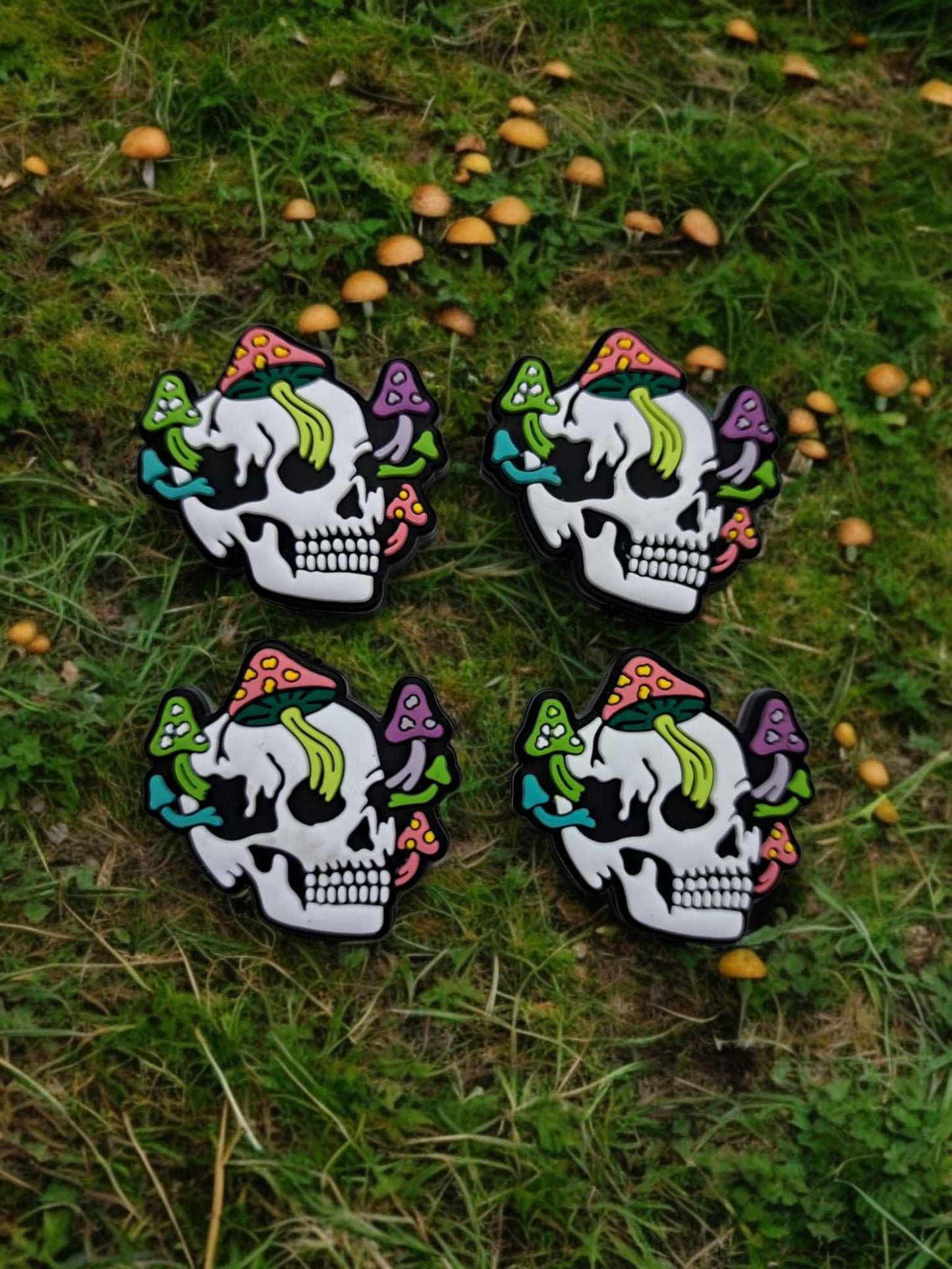 White Head Skull with Colored Mushrooms Silicone Focal Bead - 0893