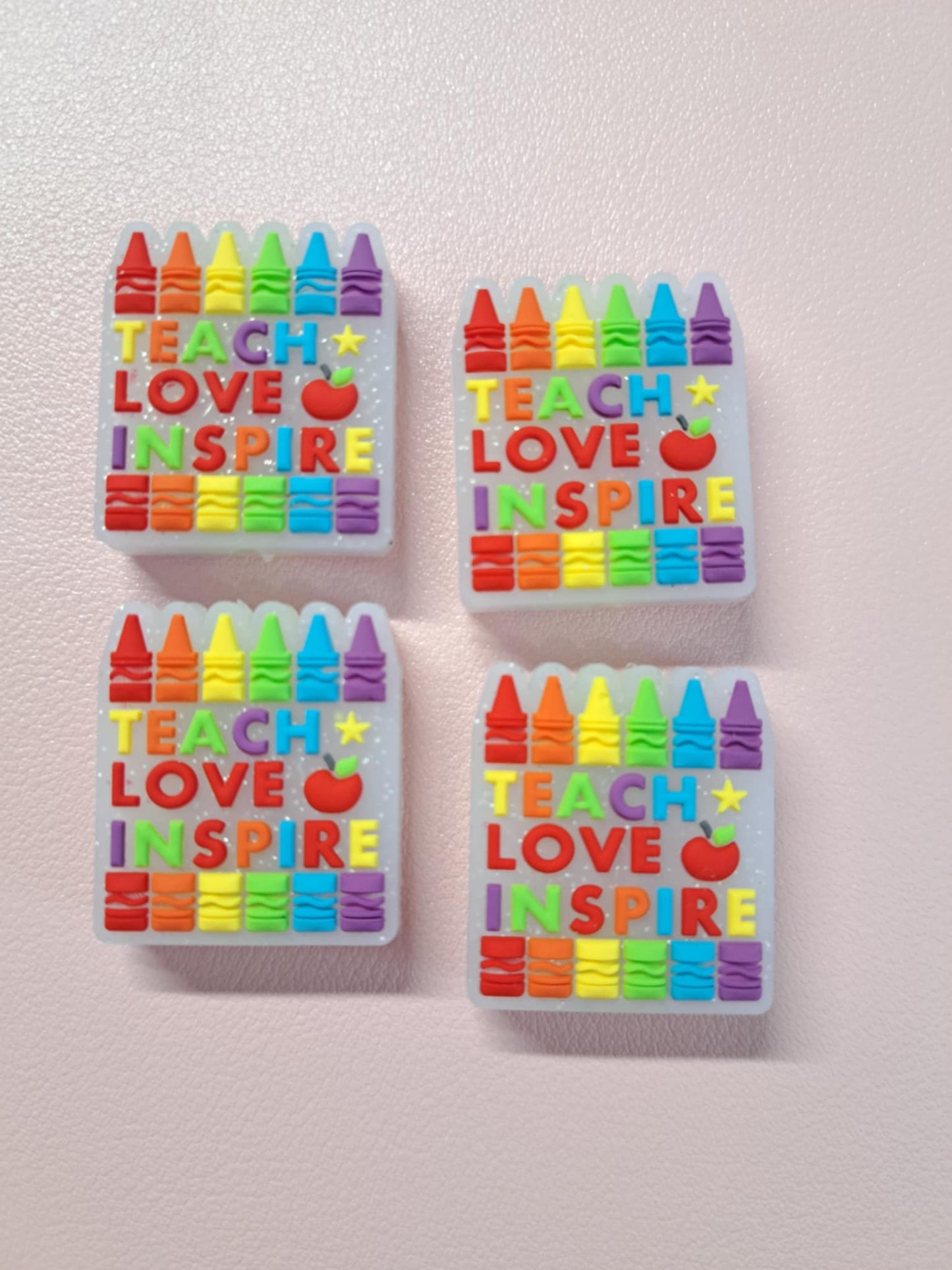 Teach, Love, Inspire Colorful Crayons on Clear Background Silicone Focal Bead