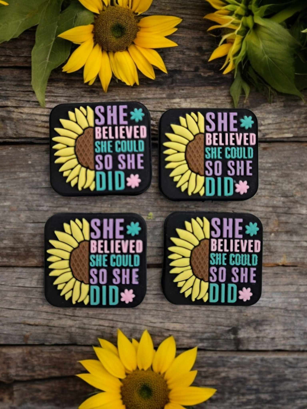 She Believed She Could so she Did: Yellow Sunflower Square Silicone Focal Bead - 0910