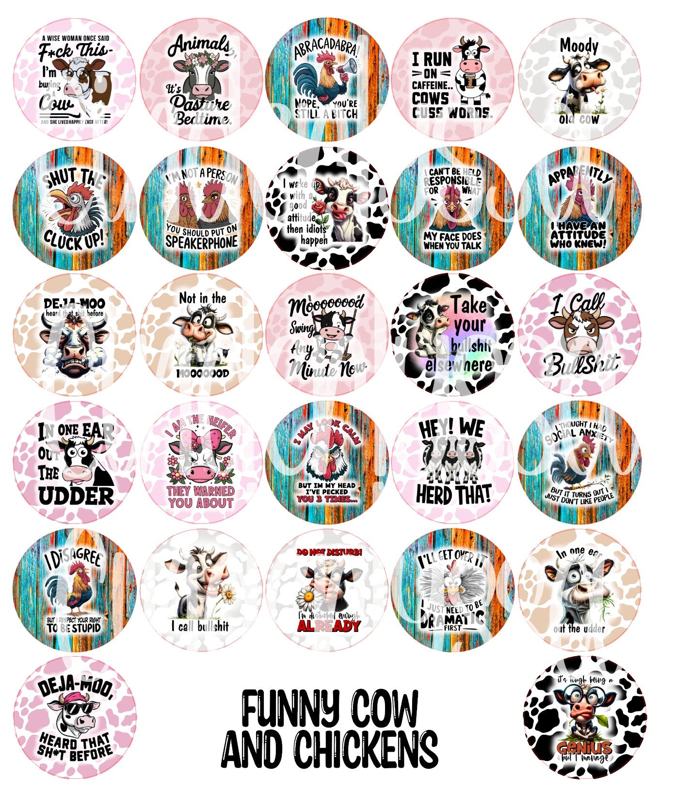 2.5 inch Round Funny Cow & Chickens Cardstock Only for freshies: Cardstock Silicone Mold, Car Freshener, Premium Cardstock Images-NO MOLD