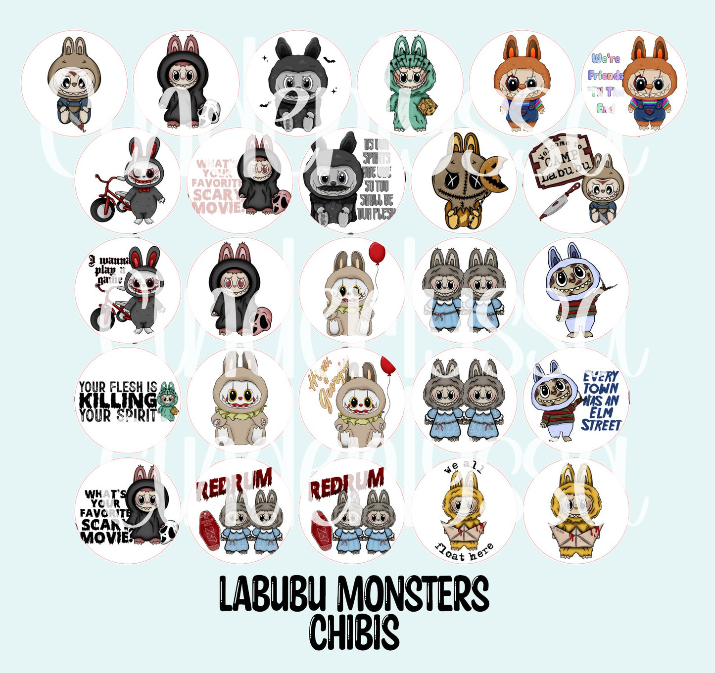 3.5 inch Round: Labubu Monsters Scary Movie Chibis for Cardstock Silicone Mold, NO MOLD INCLUDED for Aroma Bead Molds, Premium Cardstock Images