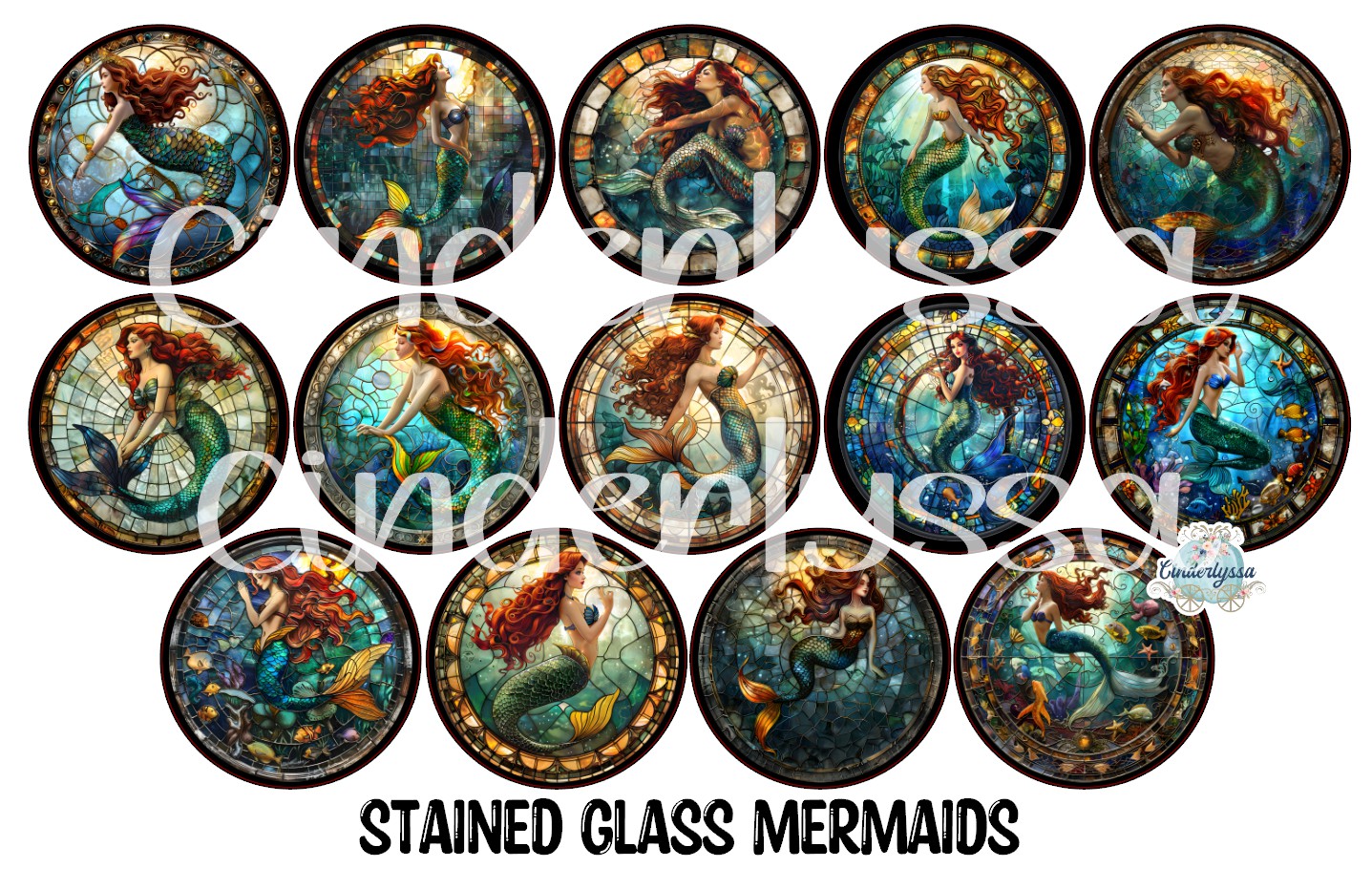 3.5 inch Round: Stained Glass Mermaids for Cardstock Silicone Mold, NO MOLD INCLUDED for Aroma Bead Molds, Premium Cardstock Images
