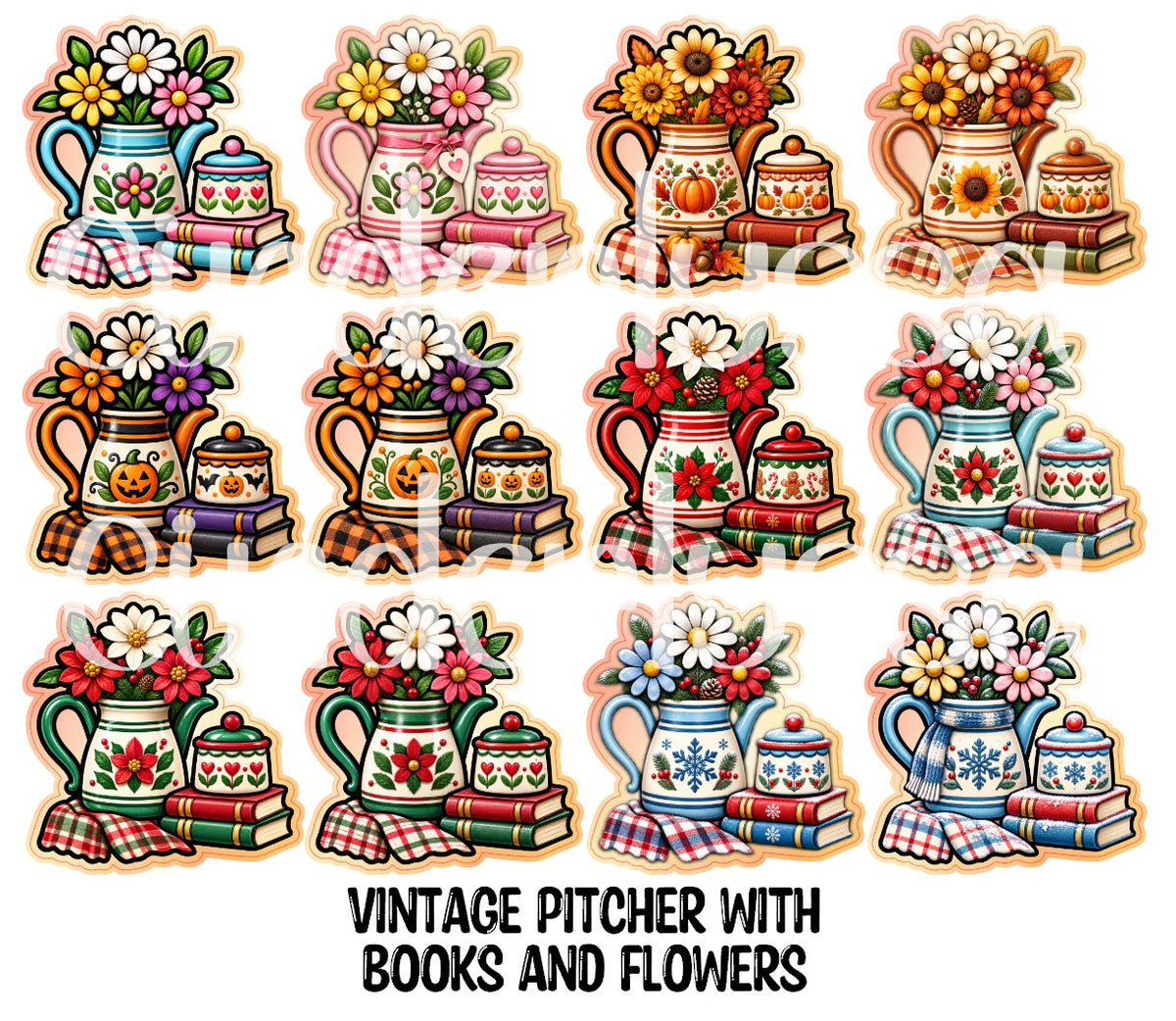 Vintage Pitcher with Books and Flowers Cardstock Silicone Mold, Aroma Bead Molds, Premium Cardstock Images