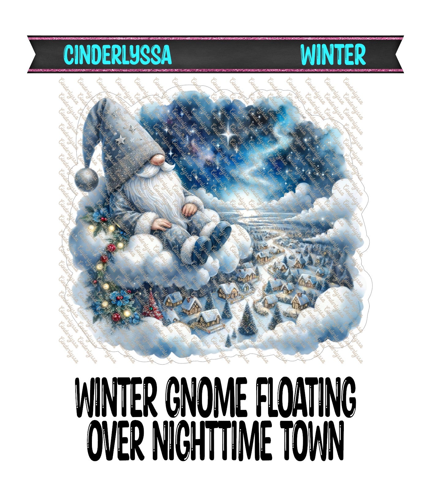 Winter Gnome Floating Over Nighttime Town Cardstock Silicone Mold, Aroma Bead Molds, Car Freshies, Premium Cardstock Images