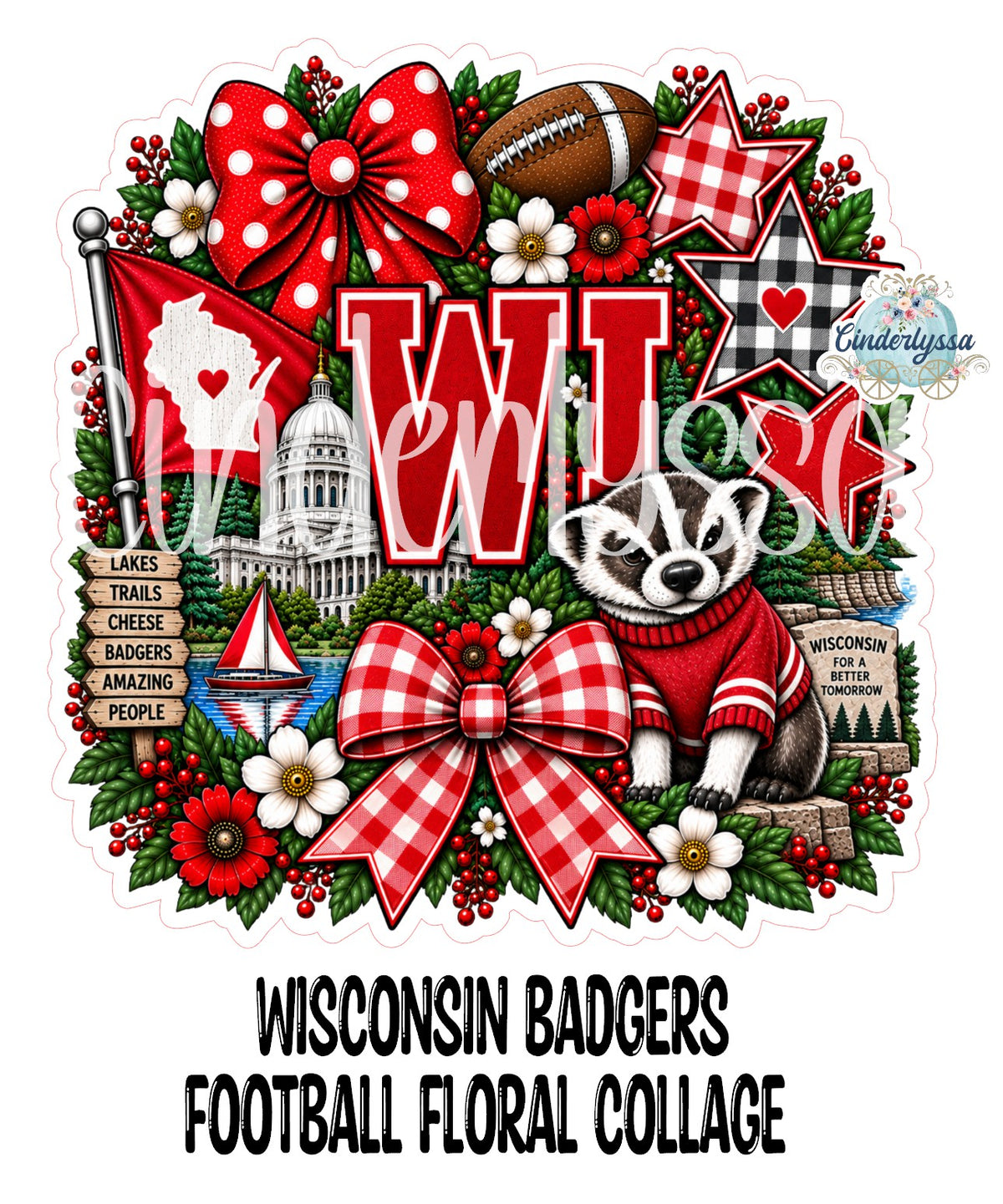 Wisconsin Badgers Football Floral Collage Cardstock Silicone Mold, Aroma Bead Molds, Premium Cardstock Images