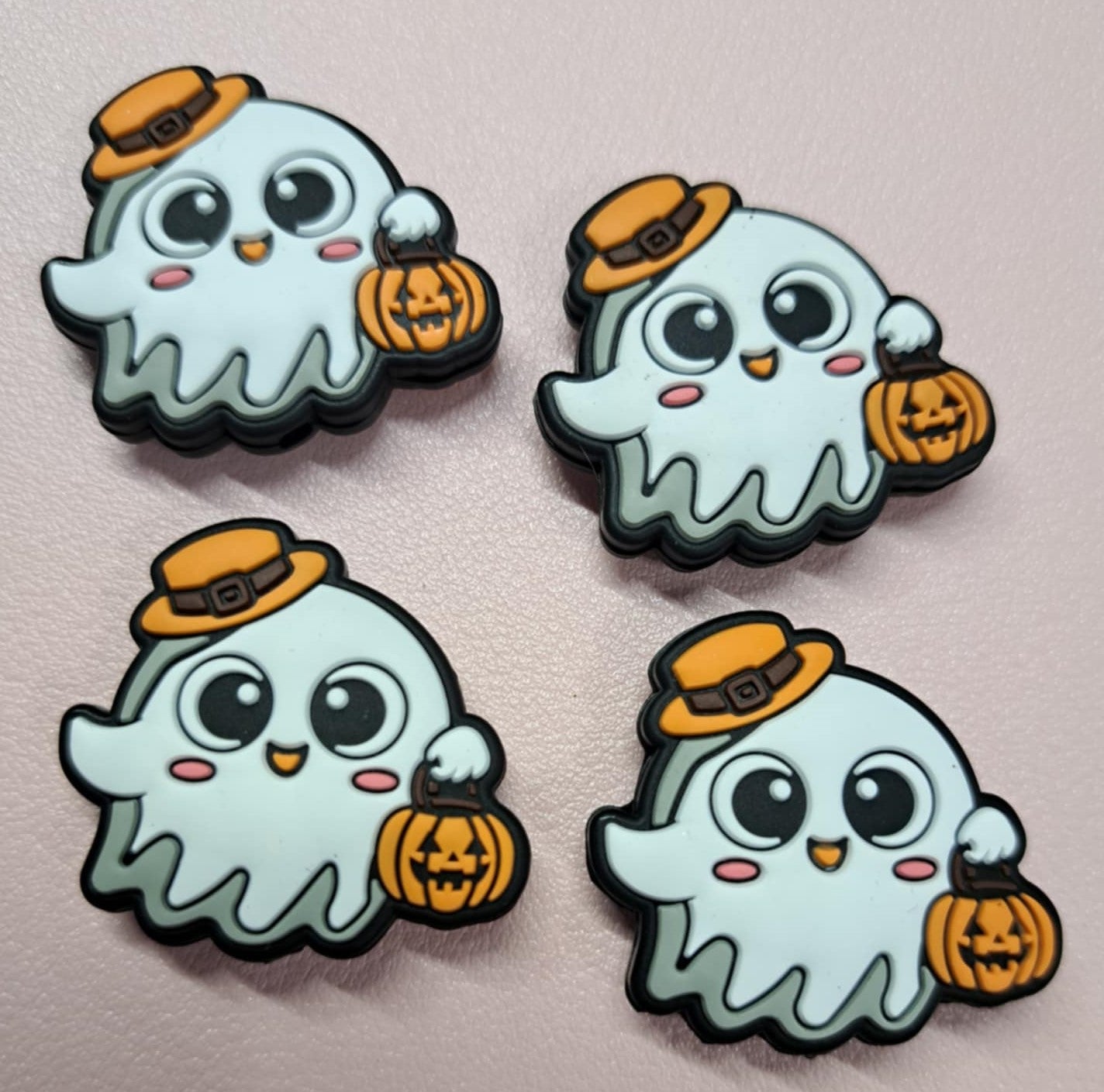 Ghosts wearing Orange Top Hat Holding Pumpkin Basket Silicone Focal Bead