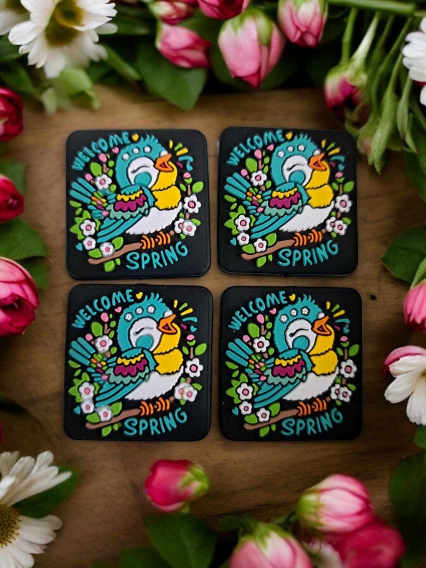 Welcome Spring: Blue Bird on Branch with Flowers Silicone Focal Bead - 0899