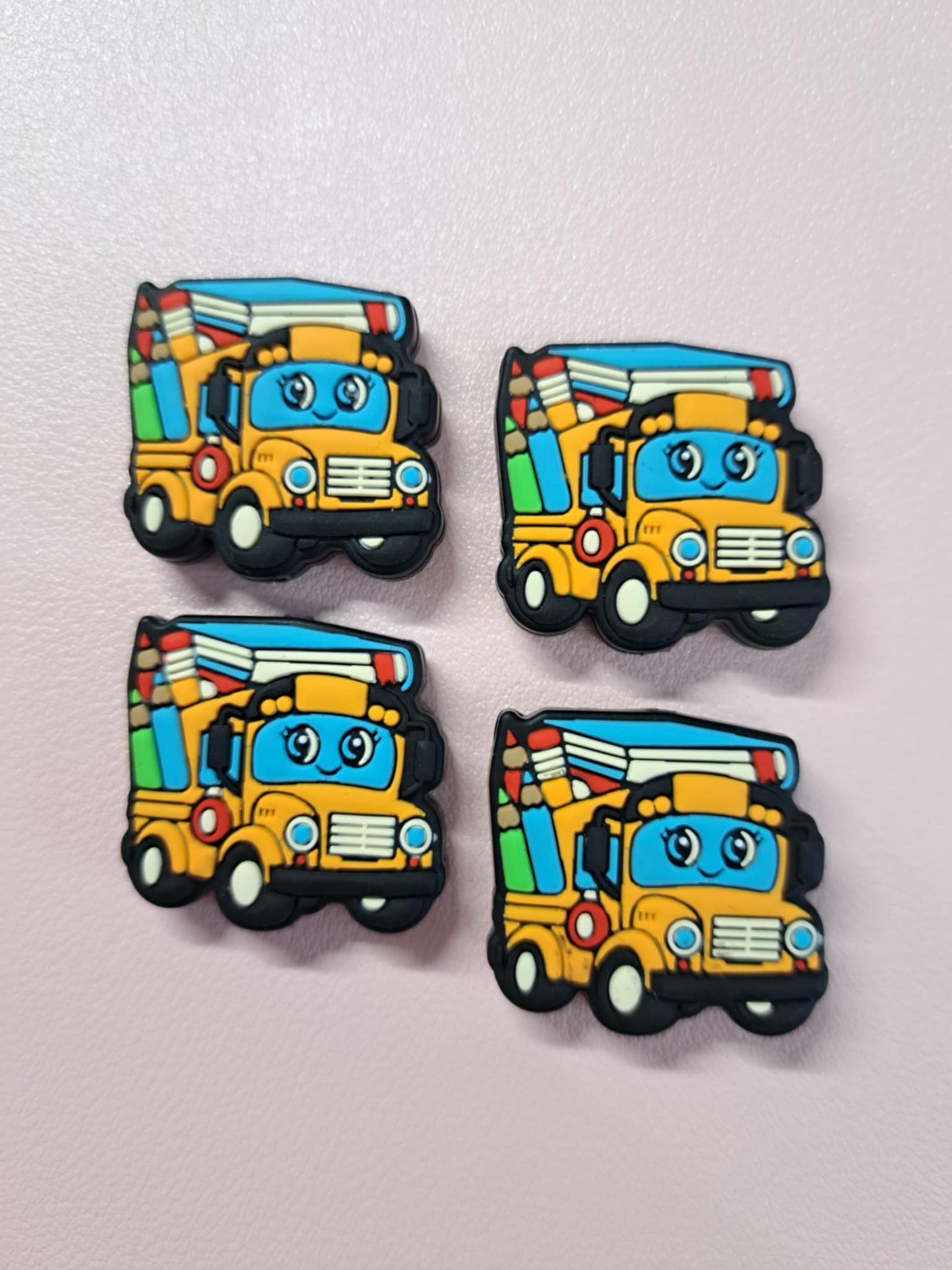 School Bus With Kawaii Face, Book and Pencils Silicone Focal Bead