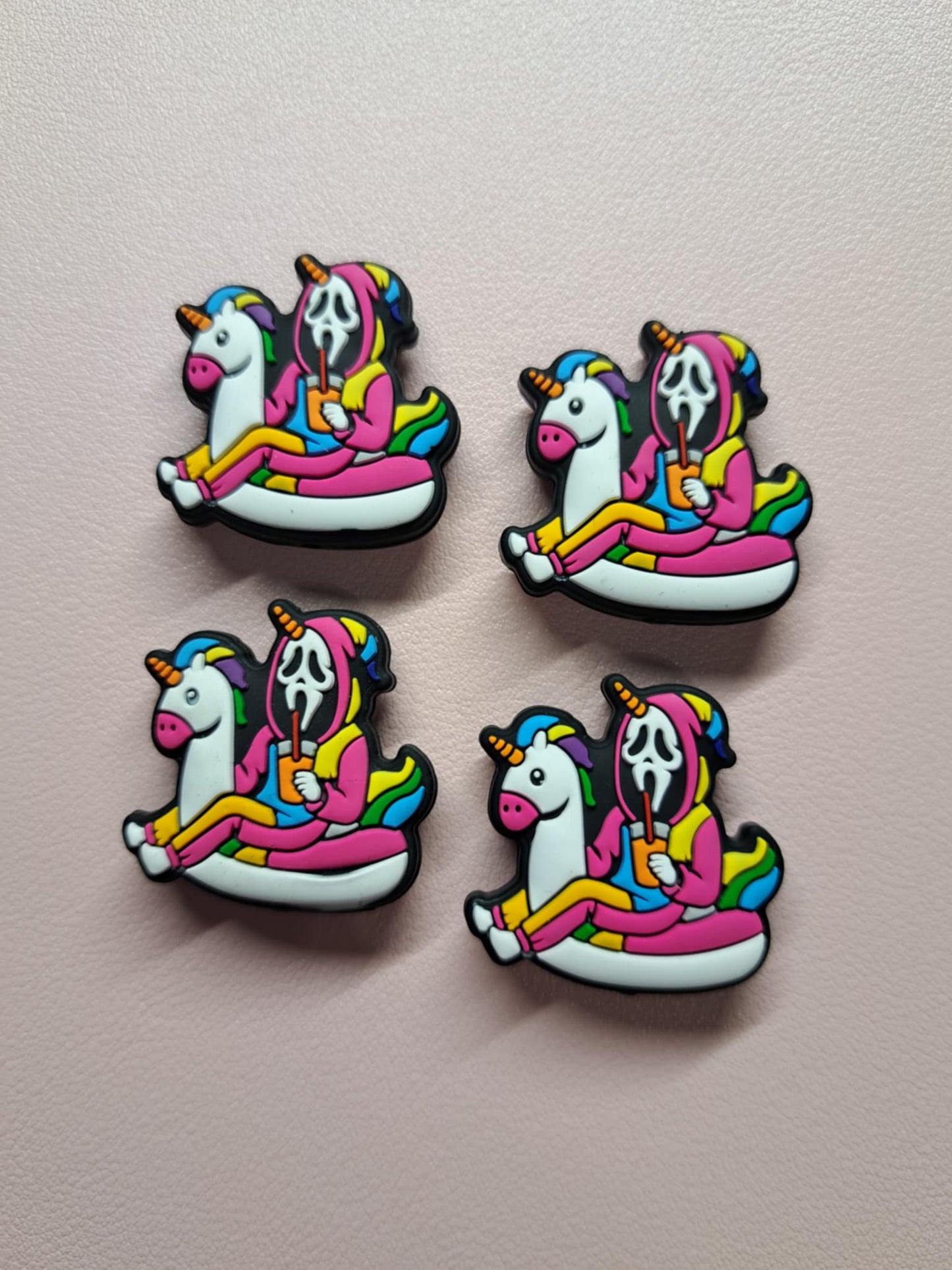 Ghostface in Pink Outfit/Hood: Horror Killer on White Unicorn Floatie with Drink Silicone Focal Bead