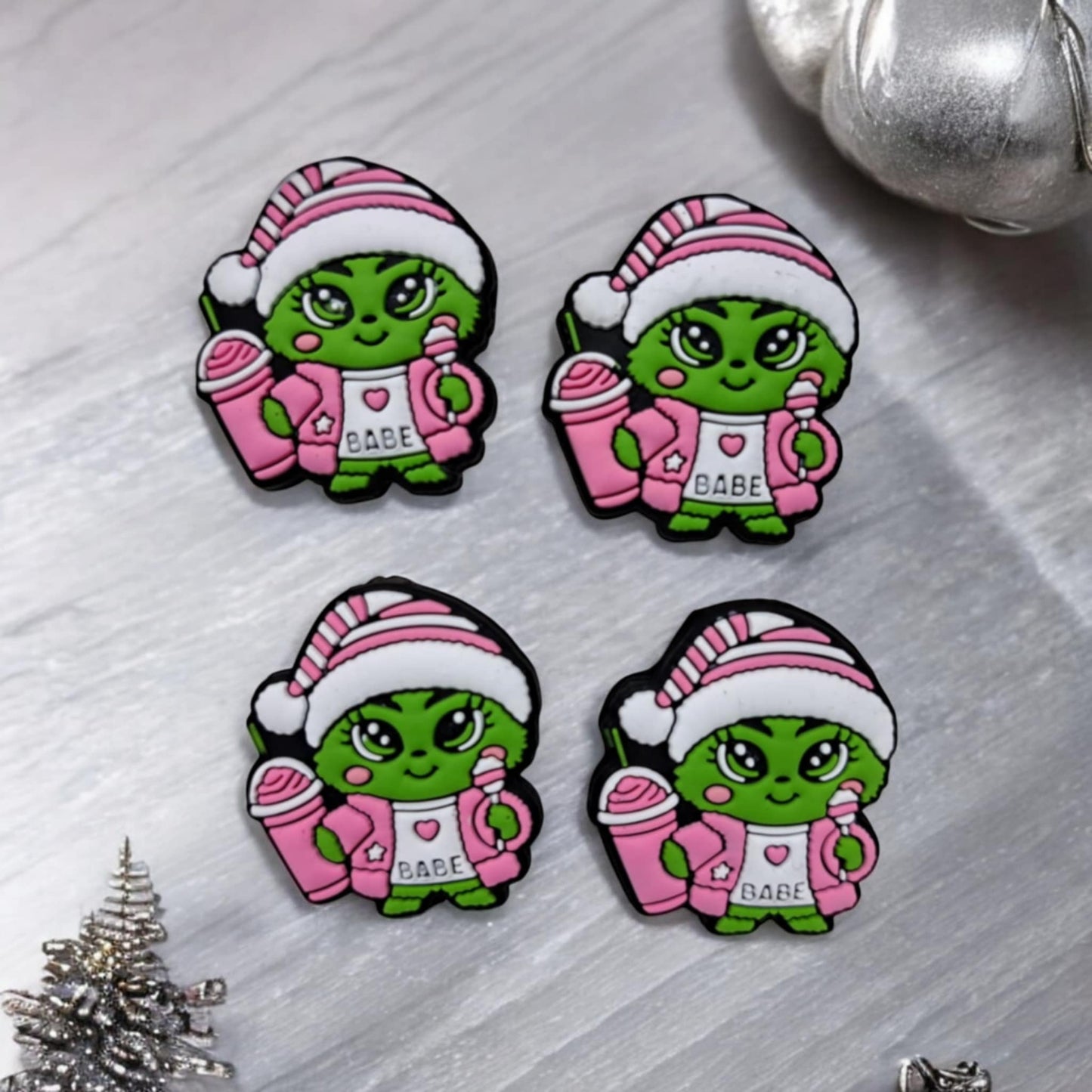 Girl Grinch in Pink with Pink Coffee/Hat Valentines Silicone Focal Bead