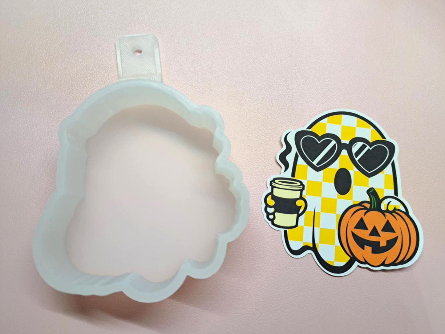 Checkered Ghost With Coffee & Pumpkin Cardstock Silicone Mold, Aroma Bead Molds, Car Freshies, Premium Cardstock Images