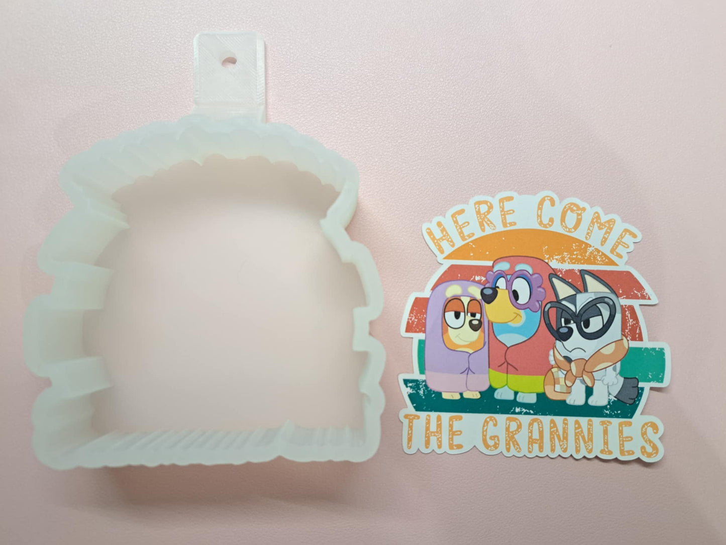 Here Comes the Grannies: Bluey - Gladys, Rita, and Janet Cardstock Silicone Mold, Aroma Bead Molds, Premium Cardstock Images