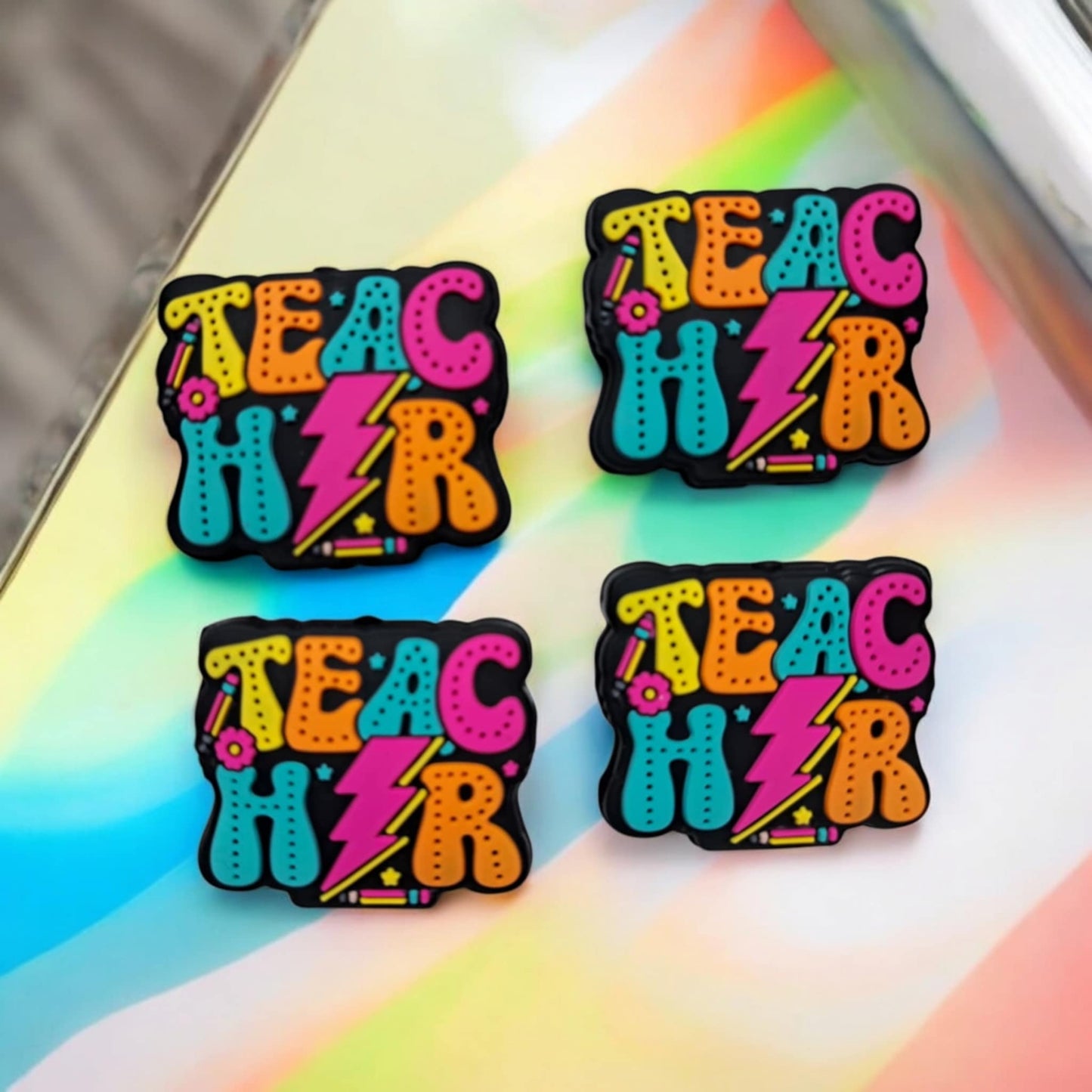 Teacher with Lightning Bolt in Neon Colors Silicone Focal Bead
