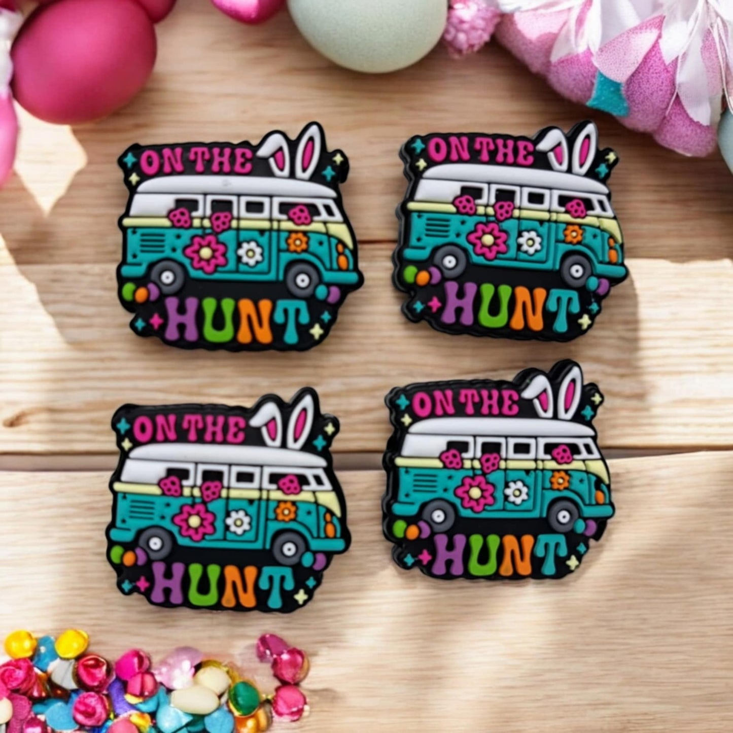 On The Hunt: VW Van with Flowers and Bunny Ears Silicone Focal Bead