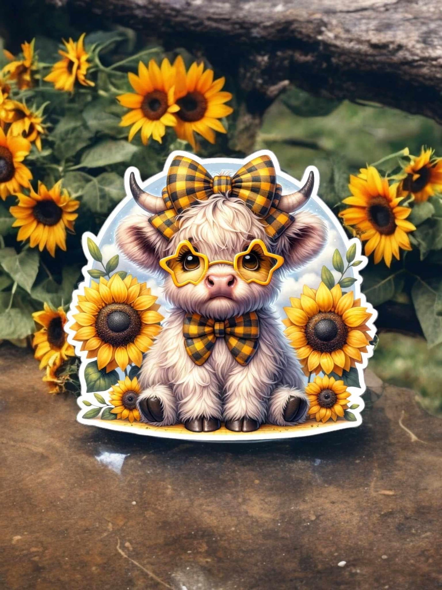 Highland Cow Wearing Star Glasses in Sunflower Field Silicone Mold, Aroma Bead Molds, Car Freshener Mold, Premium Cardstock Images