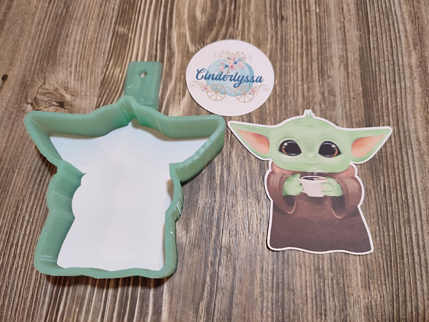 Baby Yoda: Mandalorian Drinking Coffee Cardstock Silicone Mold, Aroma Bead Molds, Premium Cardstock Images