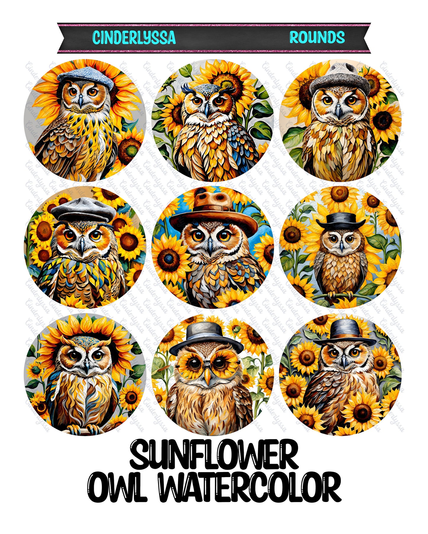 2.5 inch Round Sunflower Owl Watercolor Cardstock Only for freshies: Aroma Bead Molds, Premium Cardstock Images-NO MOLD