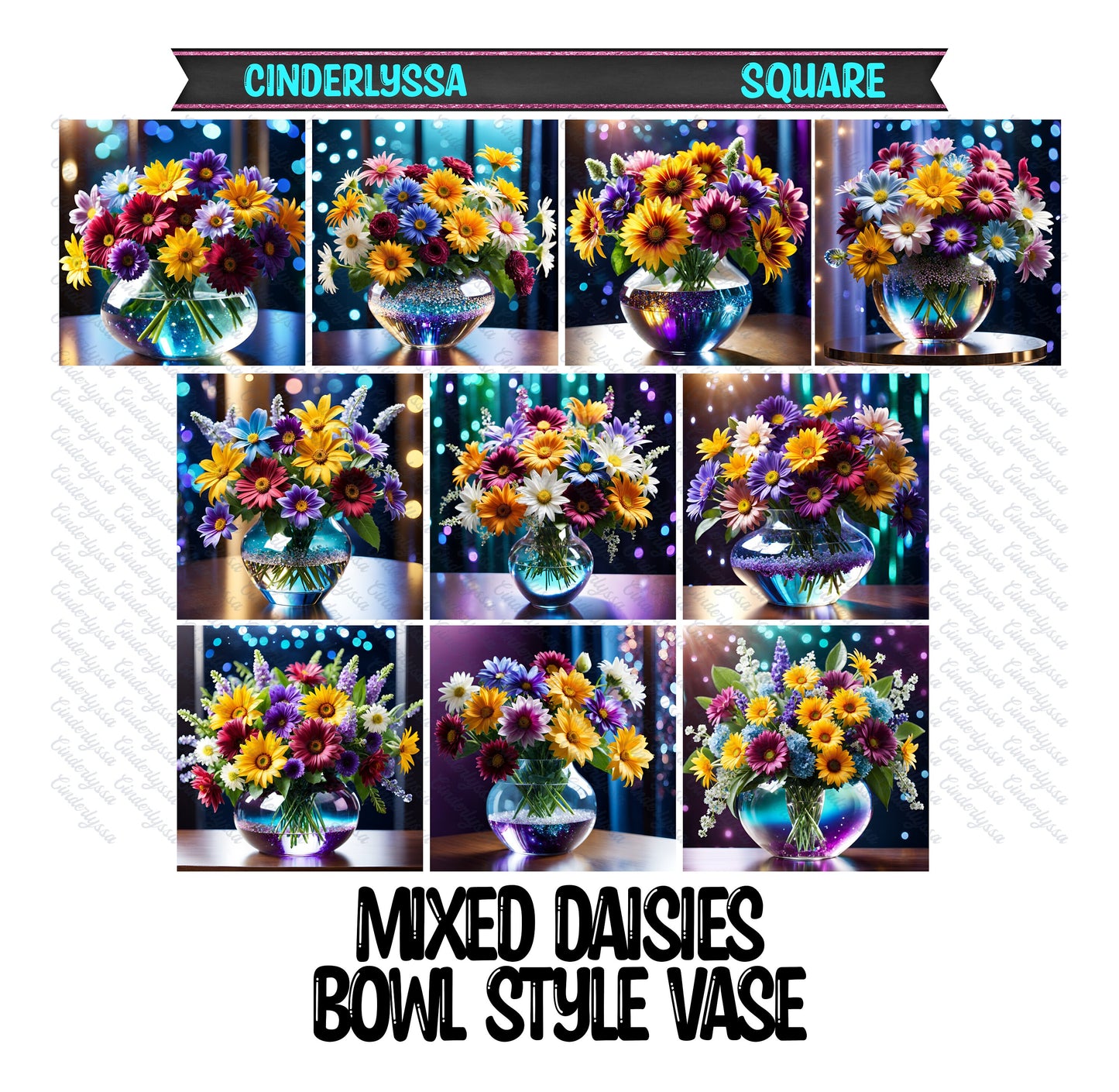 2 inch Square Mixed Daisies Bowl Style Vase Cardstock Only for freshies -NO MOLD: Aroma Bead Molds,Car Freshener, Premium Cardstock Image