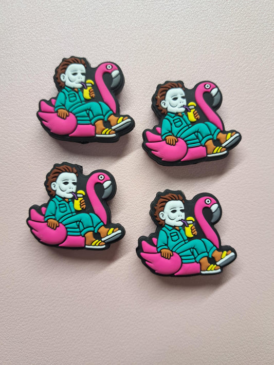 Michael Myers Horror Killer on Pink Pool Flamingo Floatie with Drink Silicone Focal Bead