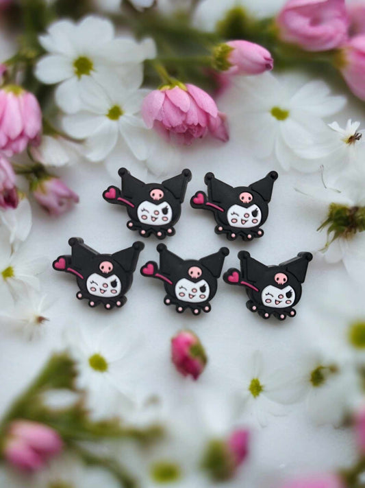 Kuromi Head Winking with Pink Heart Silicone Focal Bead - 0879