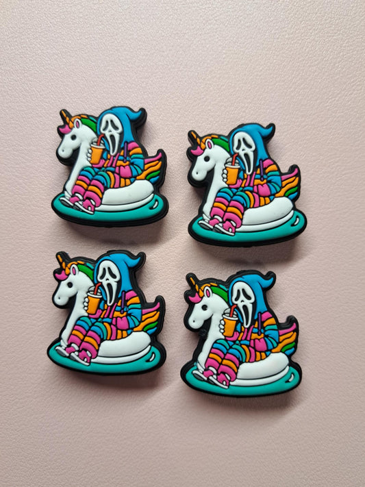Ghostface in Striped Outfit/Blue Hood: Horror Killer on White Unicorn Floatie with Drink Silicone Focal Bead