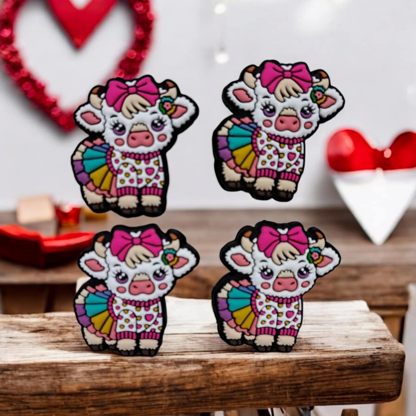 White Girl Highland Cow With Rainbow Tutu and Pink Hair Bow Silicone Focal Bead