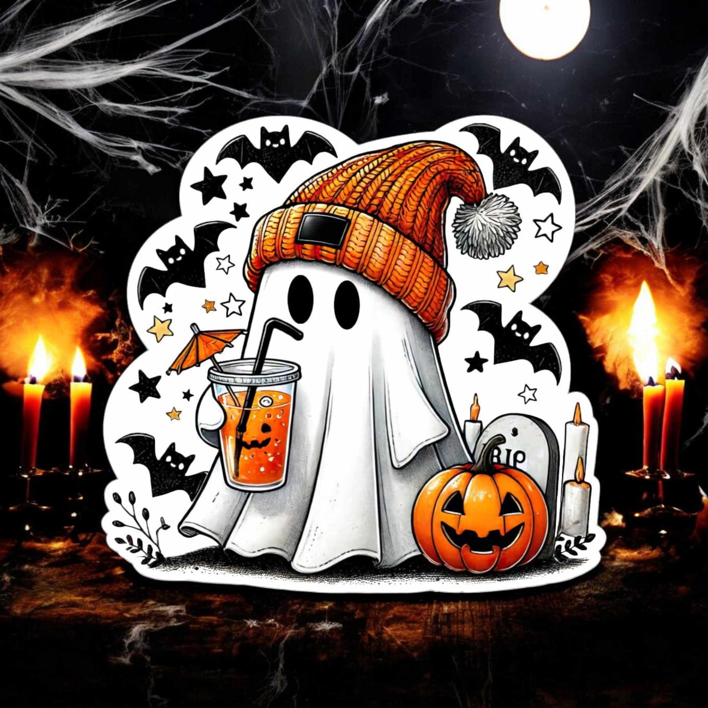 Fall Ghost With Drink, Bats & Tombstone - Girl or Boy Cardstock Silicone Mold, Aroma Bead Molds, Car Freshies, Premium Cardstock Images