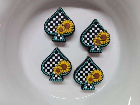White & Black Checkered Spade With Yellow Sunflowers/Turquoise Outline Silicone Focal Bead