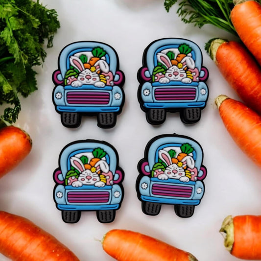 Easter Bunny in Back of Blue Truck with Eggs/Carrots Silicone Focal Bead