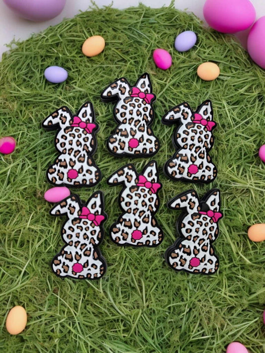 Leopard Print Easter Bunny with Pink Hair Bow Silicone Focal Bead - 1253